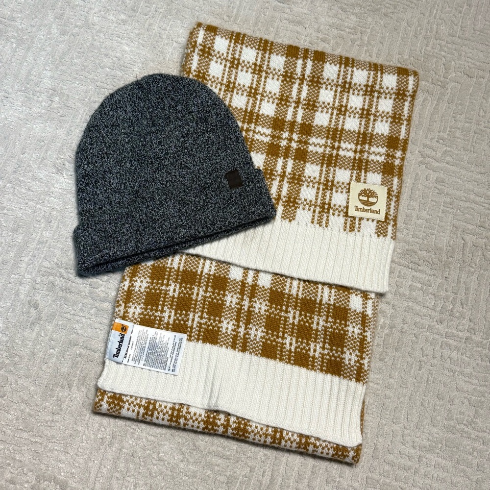Timberland Gray Beanie and Brown Plaid Scarf set for winter OS Unisex